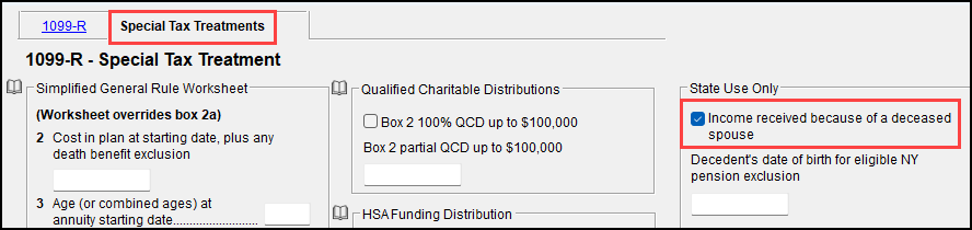 Image of "Income received because of a deceased spouse" check box on the "Special Treatments" tab of screen 1099.